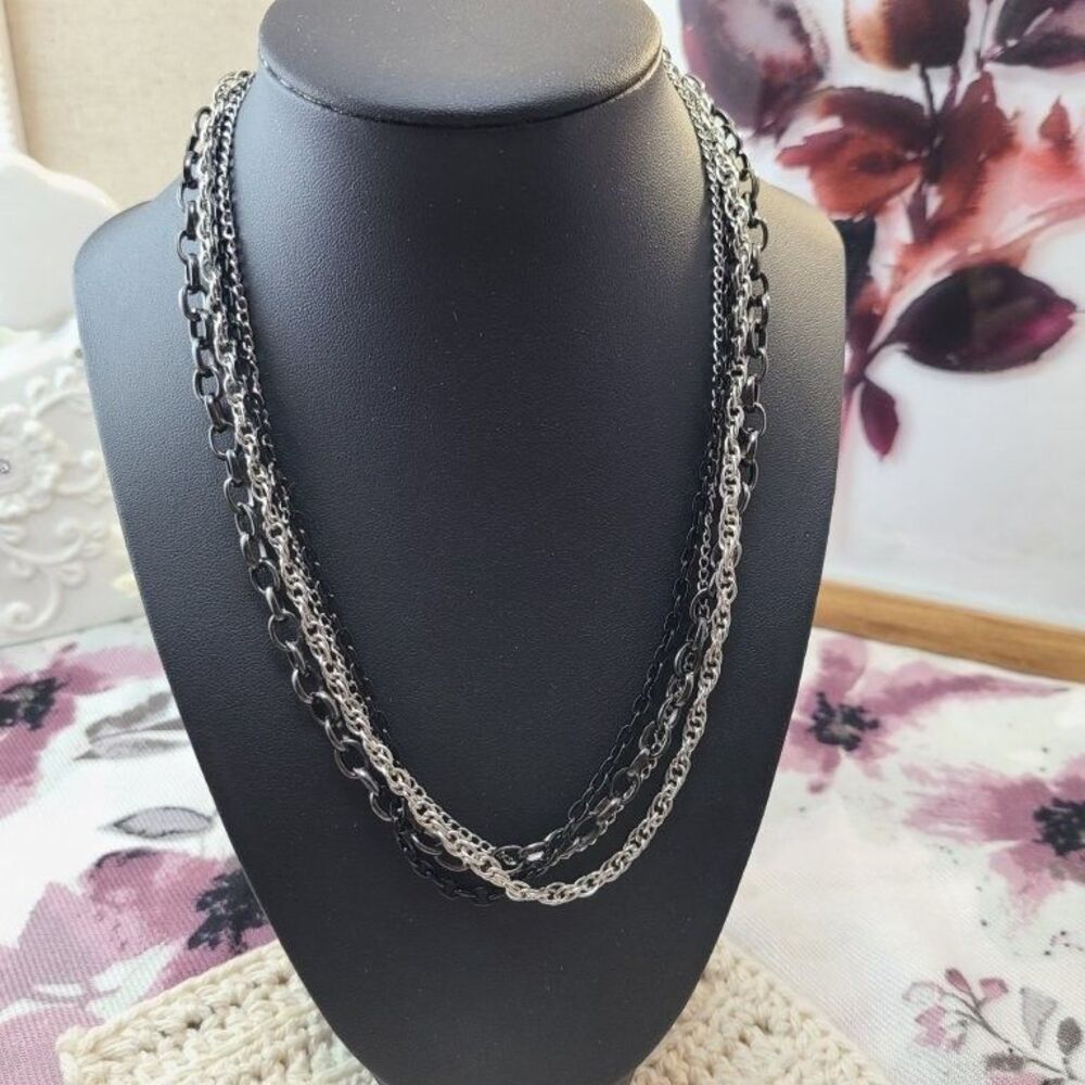 Black Silver Layered Multi Strand Chain Statement Necklace 16" Extender Gothic